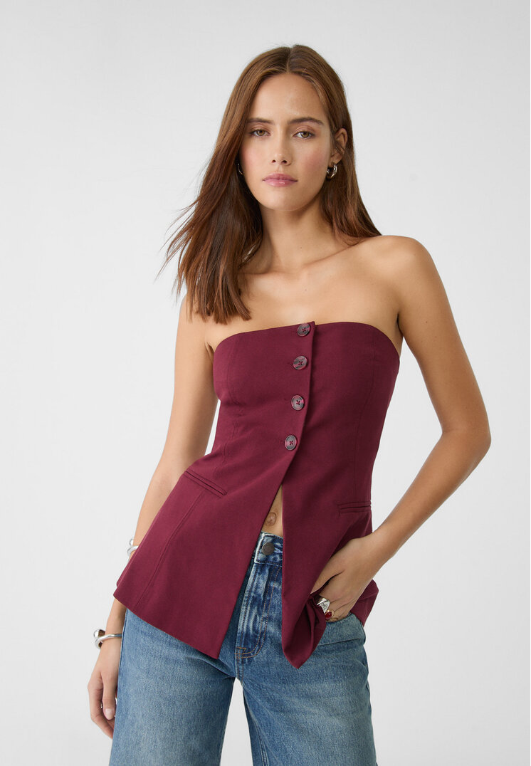 Stradivarius Top Bustieră Elegant Cu Nasturi Grena S