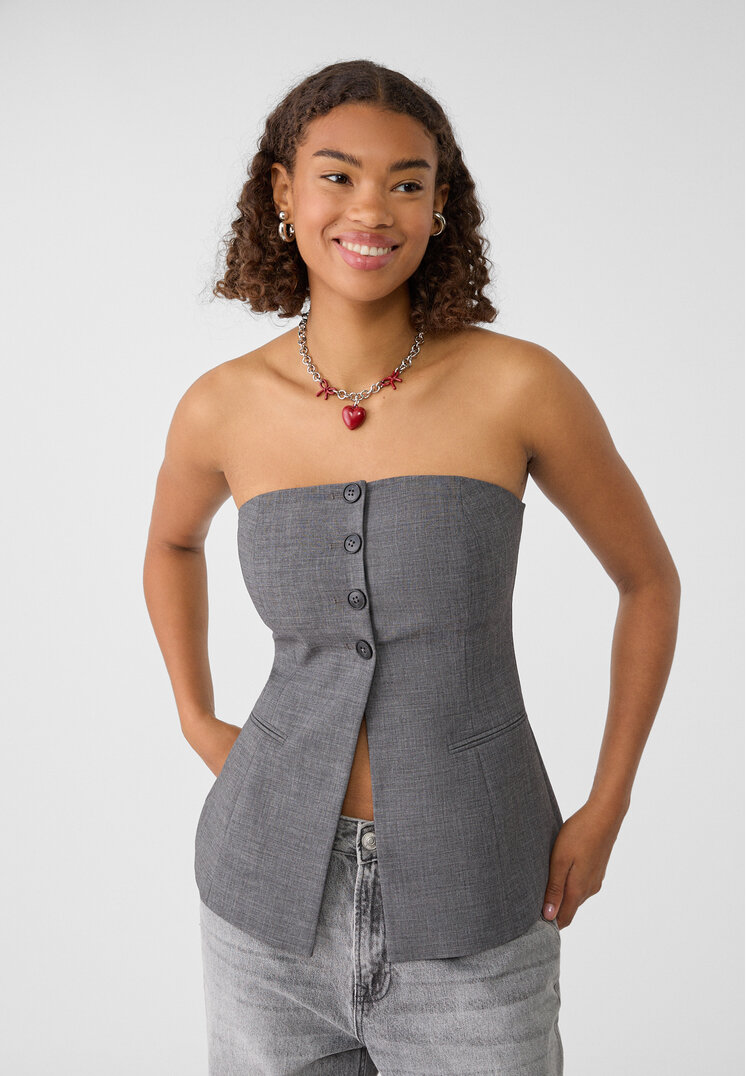 Stradivarius Top Bustieră Elegant Cu Nasturi Gri Închis L