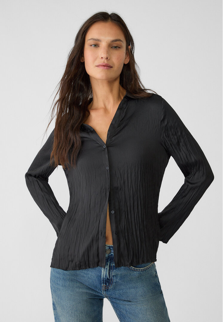 Stradivarius Cămașă Din Satin Plisată Negru M
