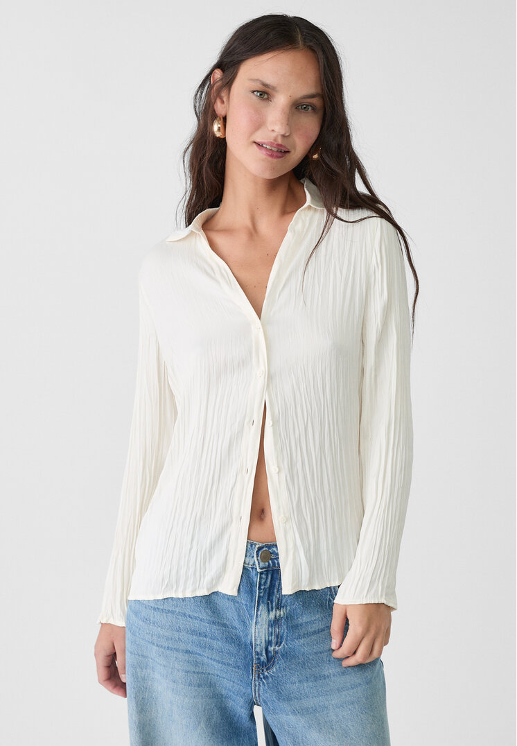 Stradivarius Cămașă Din Satin Plisată Ecru Xs