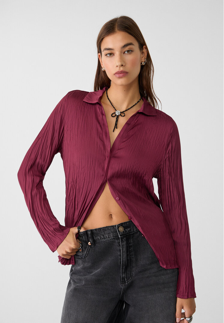 Stradivarius Cămașă Din Satin Plisată Mov S