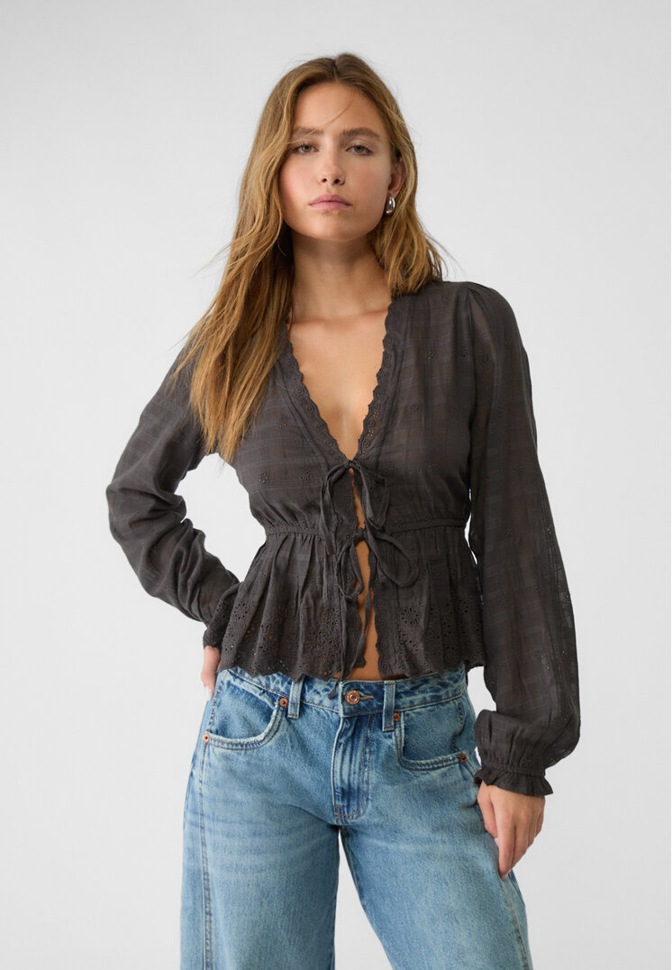 Stradivarius Bluză Vaporoasă Cu Broderie Gri Închis Xs