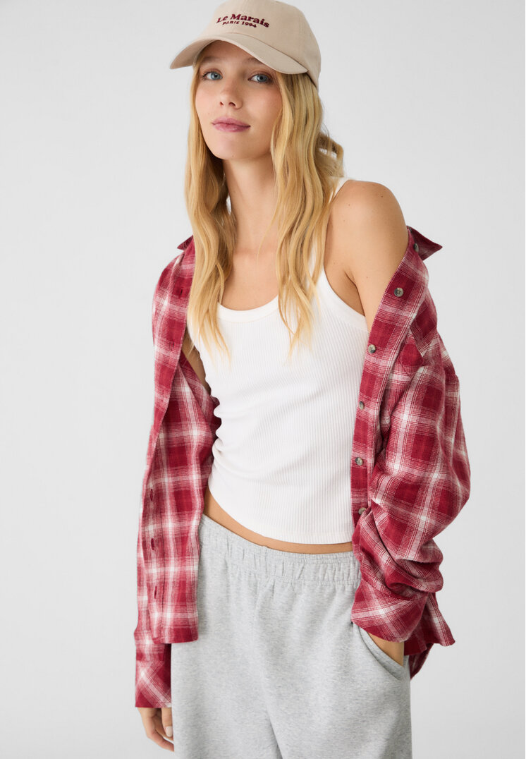 Stradivarius Cămașă Oversize În Carouri Grena Xs