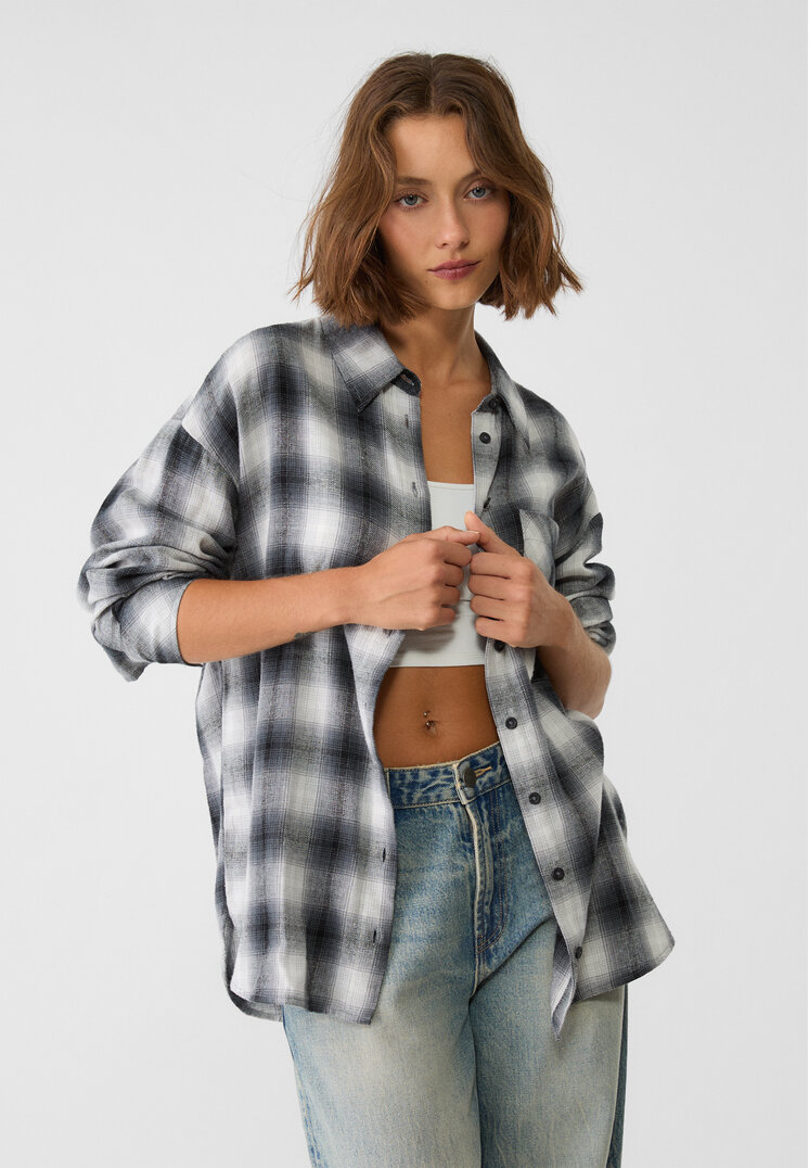 Stradivarius Cămașă Oversize În Carouri Gri Închis S