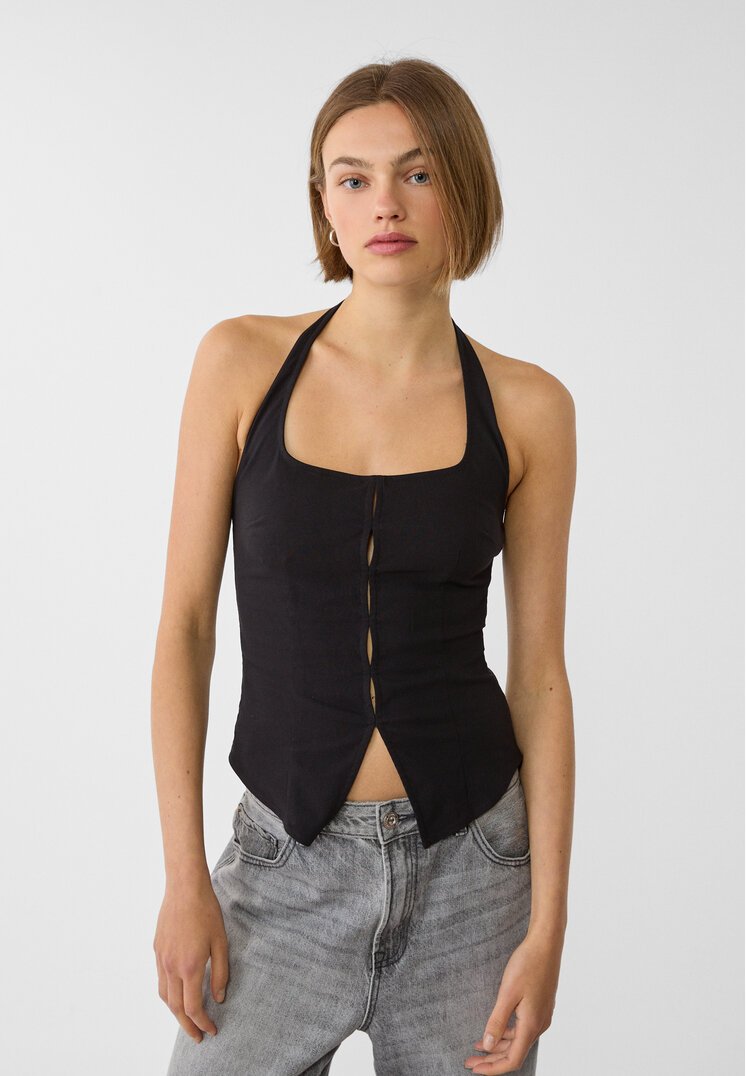 Stradivarius Top Halter Cu Deschideri Negru Xs