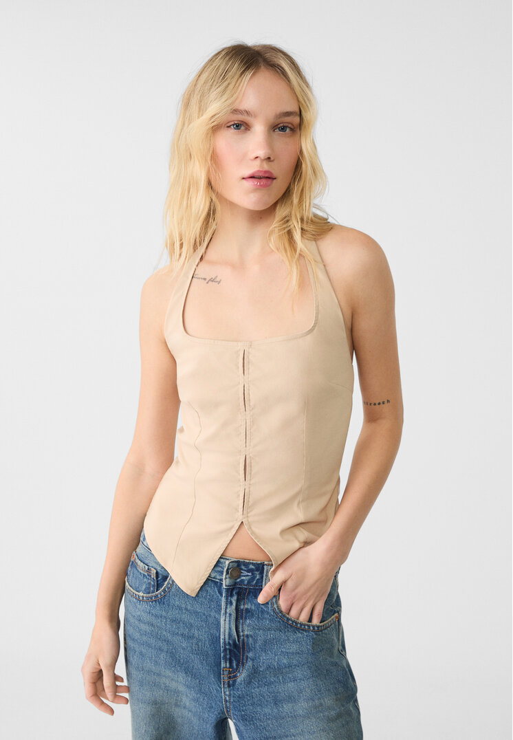 Stradivarius Top Halter Cu Deschideri Piatră S