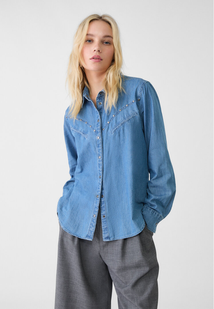 Stradivarius Cămașă Din Denim Cu Ținte Denim Albastru M