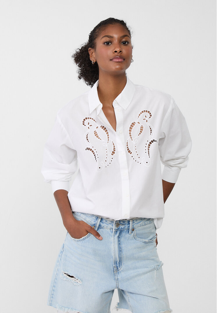 Stradivarius Cămașă Din Poplin Cu Broderie Alb M