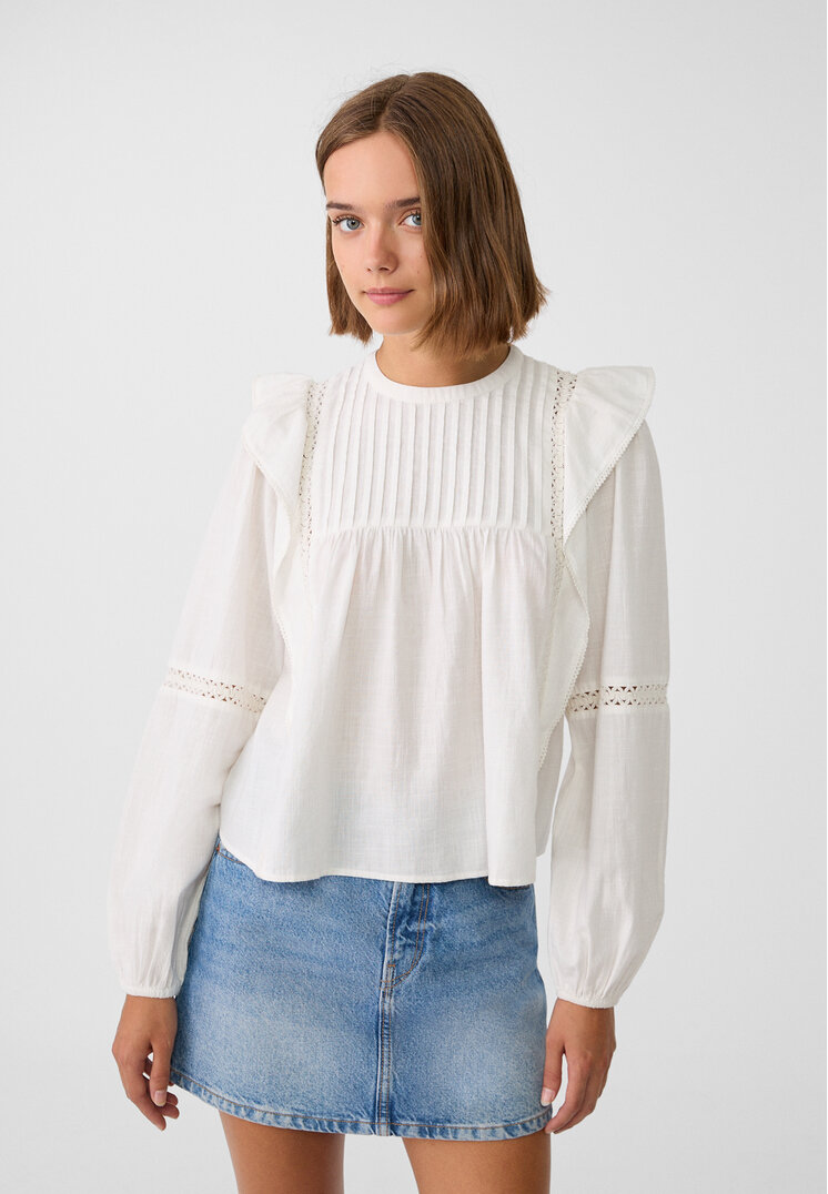 Stradivarius Bluză Vaporoasă Cu Volane Alb Xs
