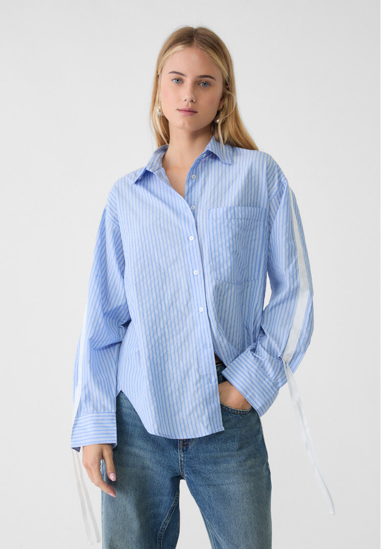 Stradivarius Cămașă Din Poplin Cu Fundă Laterală Azuriu M
