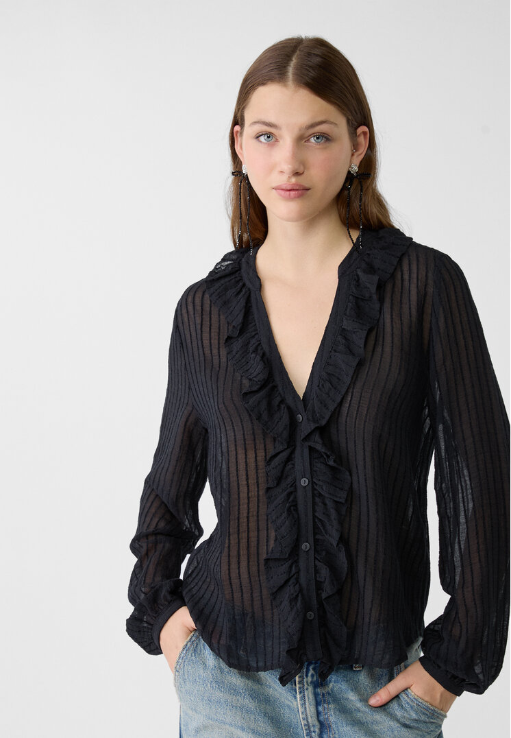 Stradivarius Cămașă Vaporoasă Cu Volane Negru Xs