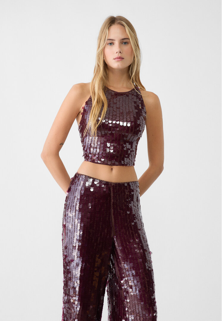 Stradivarius Top Cu Paiete Și Bretele Încrucișate Pe Spate Grena Xl