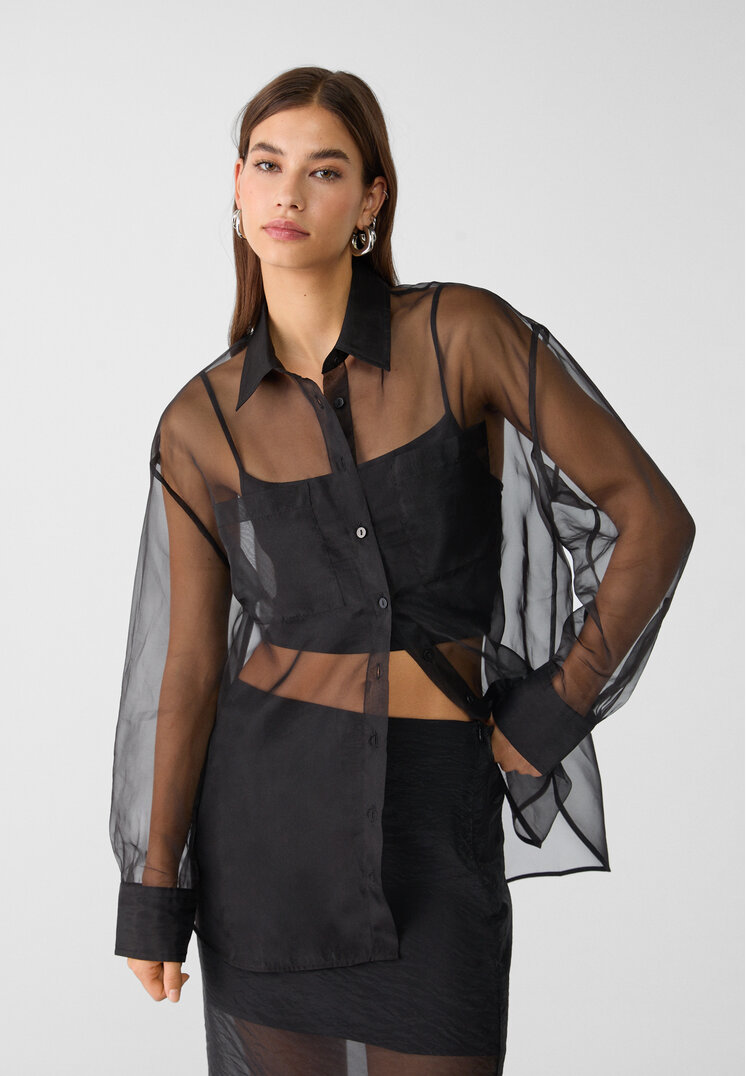 Stradivarius Cămașă Din Organza Cu Buzunare Negru S