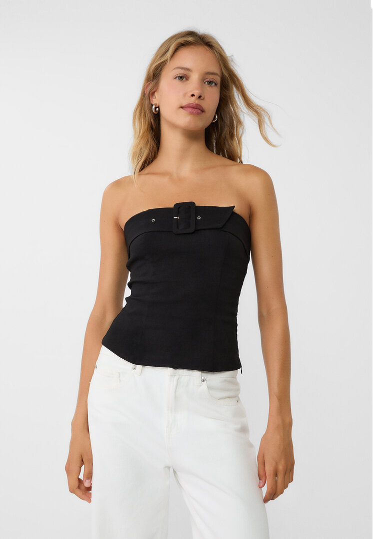 Stradivarius Top Cu Umeri Goi Și Cataramă Negru M