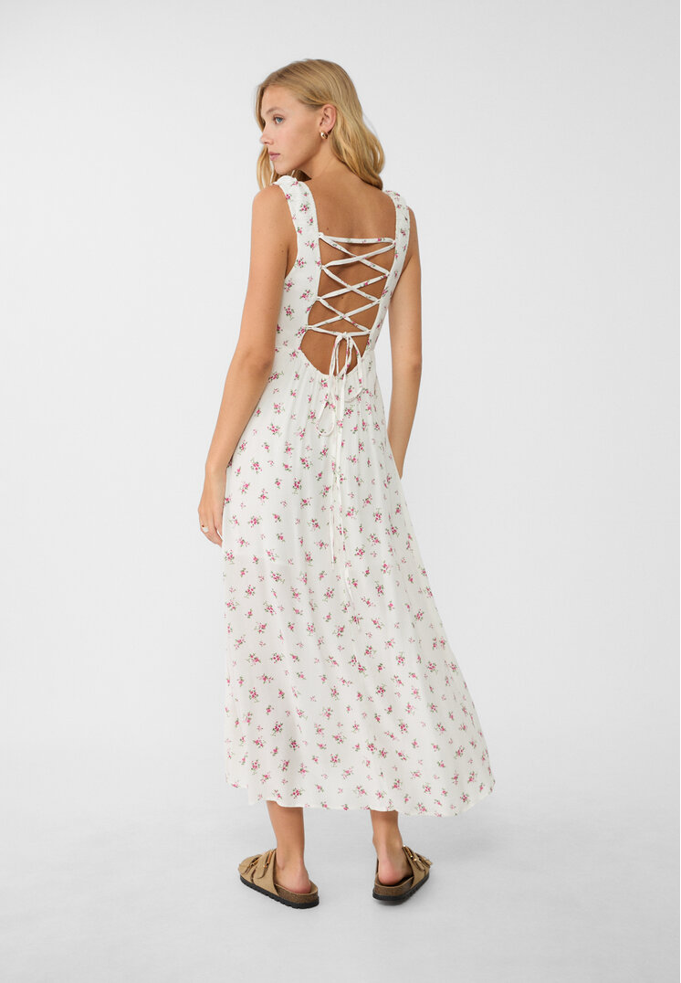 Stradivarius Rochie Midi Cu Imprimeu Și Șnur Încrucișat La Spate Alb S