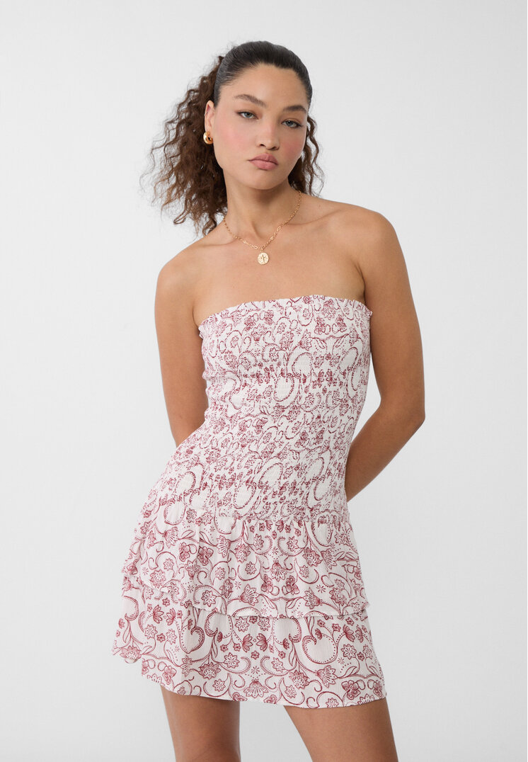 Stradivarius Rochie Bandeau Scurtă Cu Imprimeu Grena S