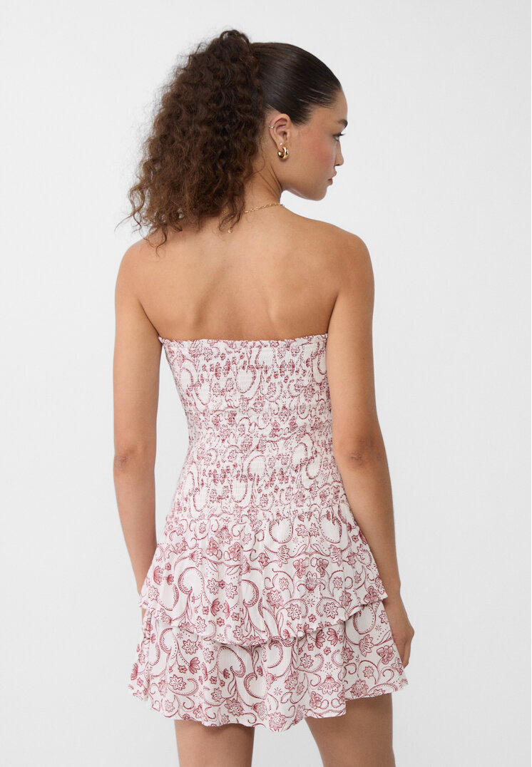 Stradivarius Short printed dress with bandeau neckline  Burgundy S