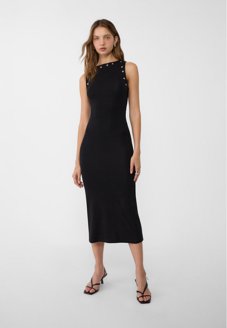 Stradivarius Rochie Midi Cu Ocheți Negru M