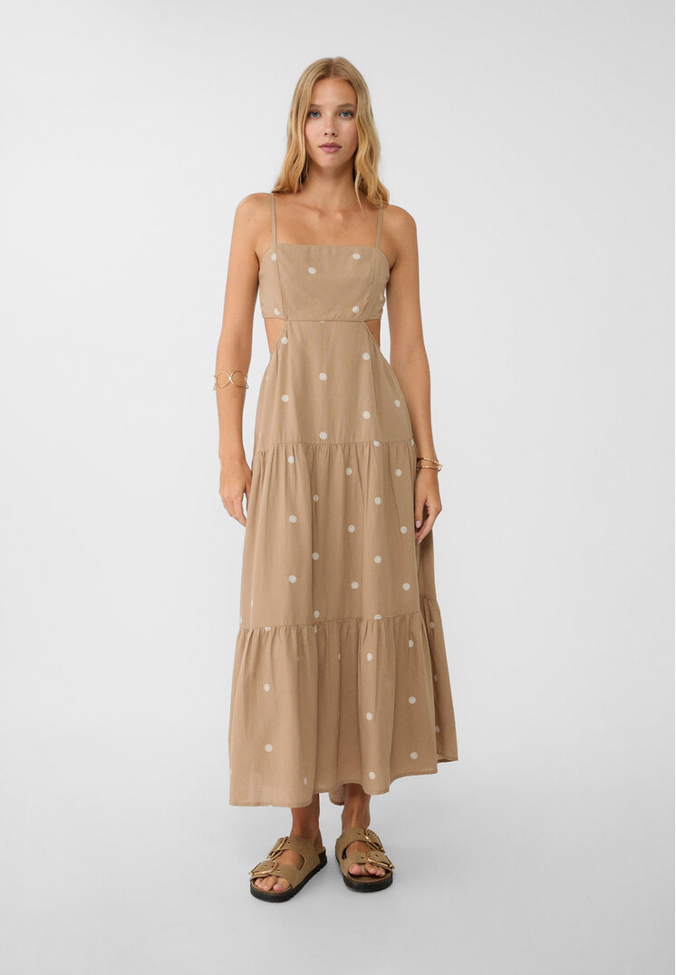 Stradivarius Rochie Midi Vaporoasă Cu Imprimeu Și Decupaj Auriu Închis L