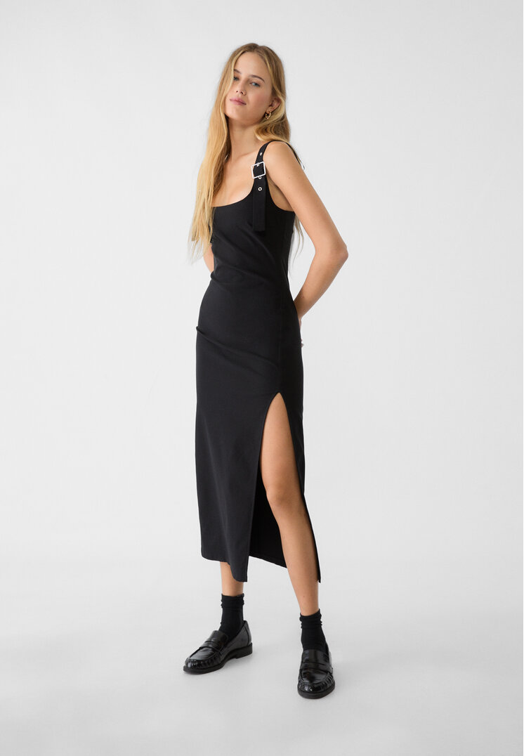 Stradivarius Rochie Midi Cu Bretele Și Catarame Negru S
