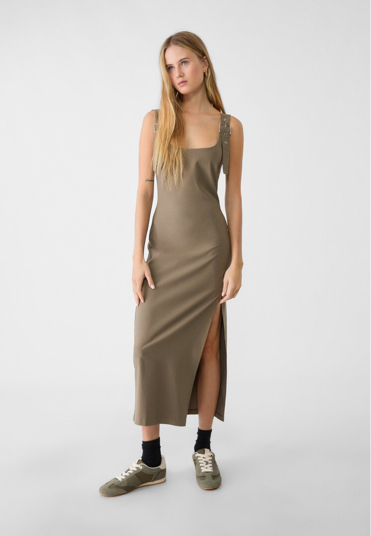 Stradivarius Rochie Midi Cu Bretele Și Catarame Maro L