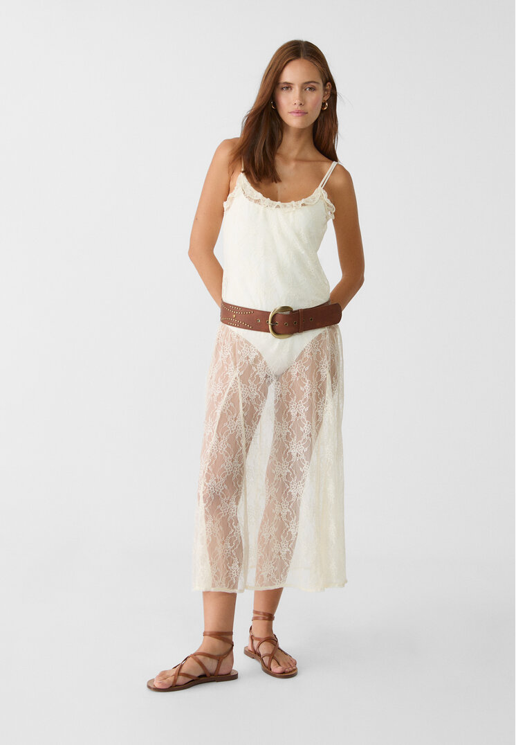 Stradivarius Rochie Midi Bretele Dantelă Ecru S