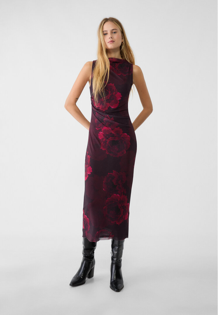 Stradivarius Rochie Midi Cu Imprimeu Grena Xs
