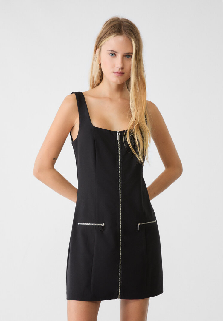 Stradivarius Rochie Scurtă Cu Bretele Și Fermoar Negru S