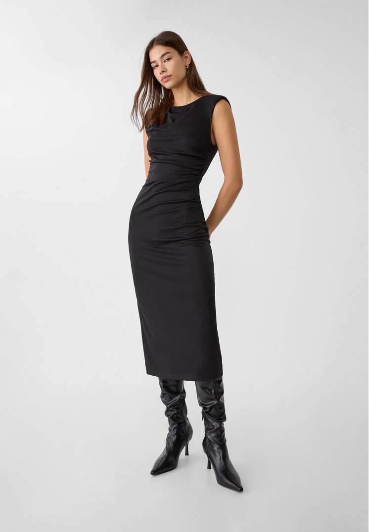 Stradivarius Rochie Midi Cu Drapaj Și Pernuțe La Umeri Negru Xs