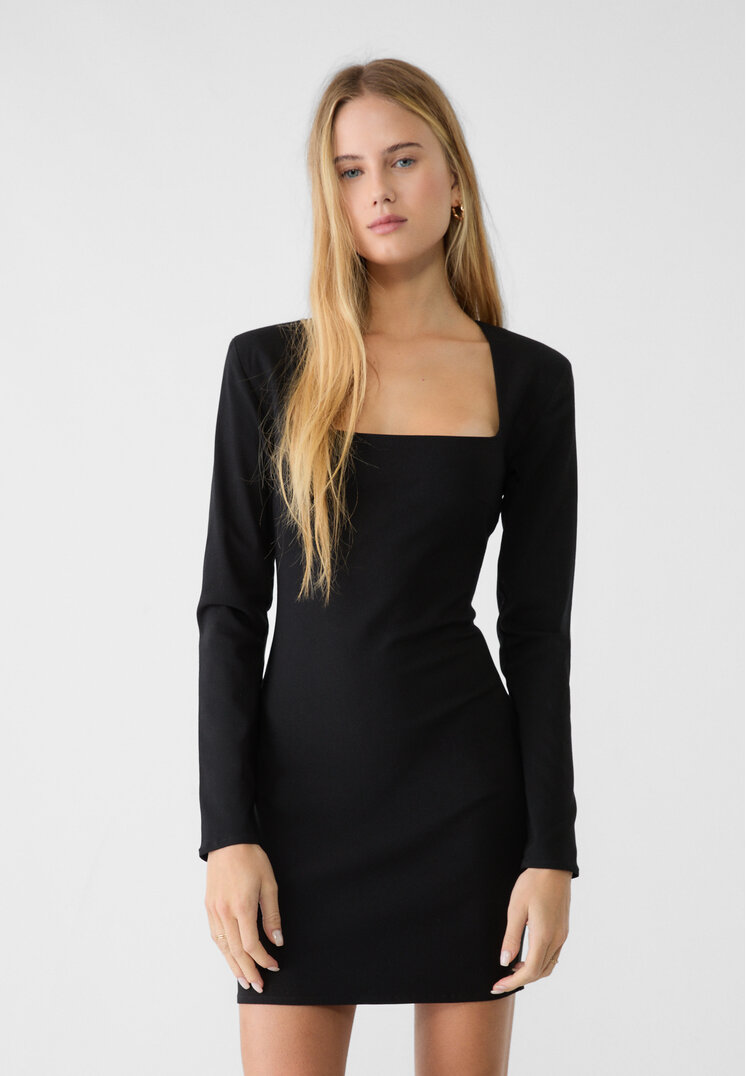 Stradivarius Rochie Scurtă Cu Decolteu Pătrat Negru S