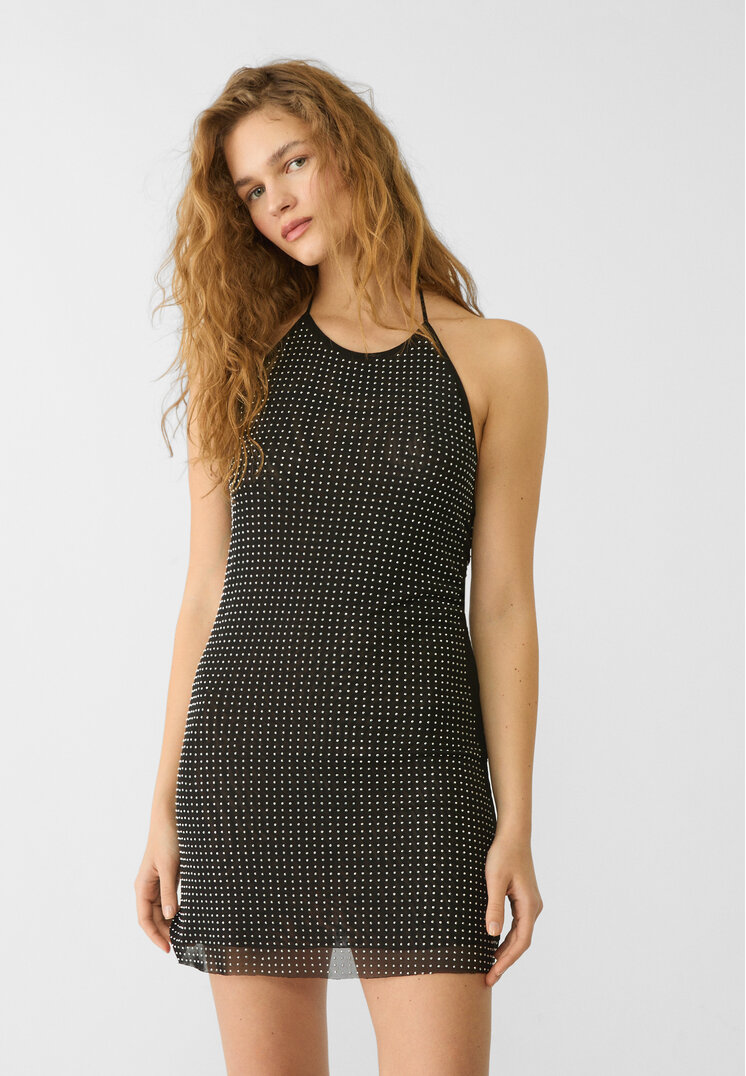 Stradivarius Rochie Scurtă Din Tul Cu Glitter Negru L