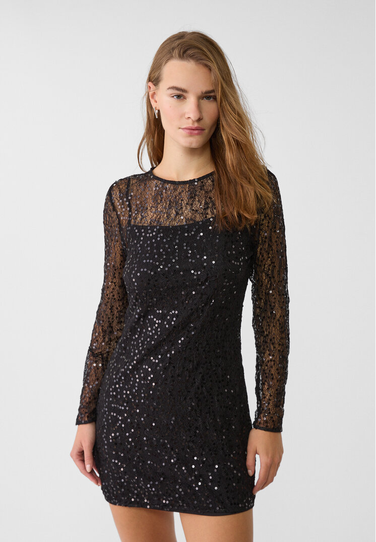 Stradivarius Rochie Scurtă Cu Dantelă Și Paiete Negru L