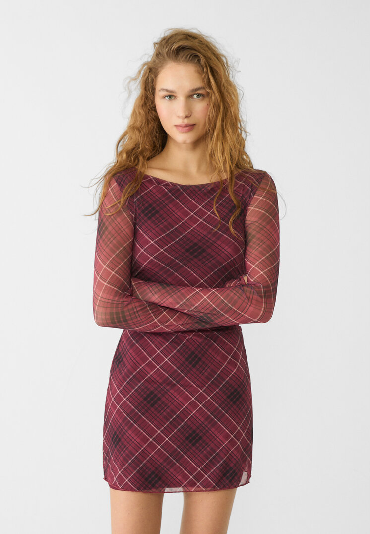 Stradivarius Rochie Scurtă Din Tul În Carouri Grena Xs