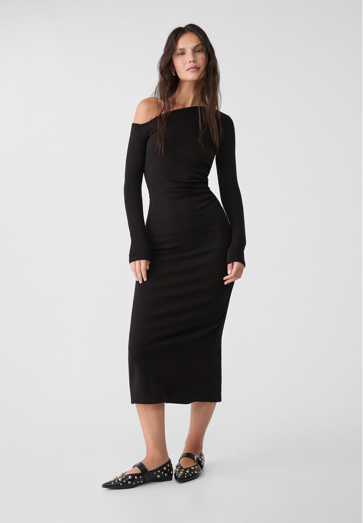 Stradivarius Rochie Midi Cu Guler Asimetric Negru L