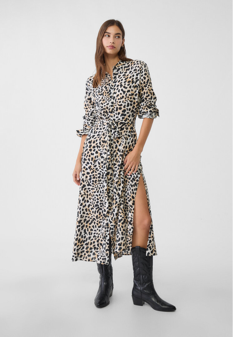 Stradivarius Rochie Cămașă Lungă Cu Mânecă Lungă Piatră L