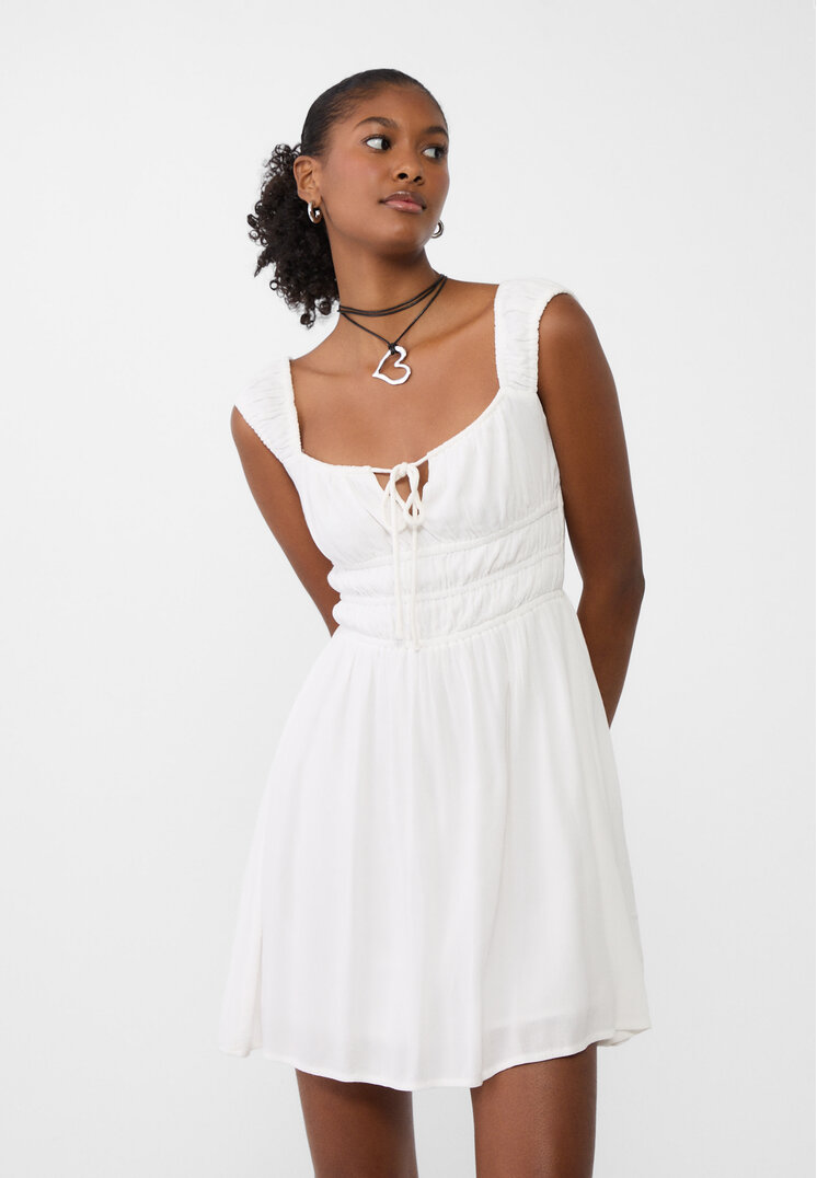 Stradivarius Rochie Scurtă Din Crep Cu Elastice Alb Xl