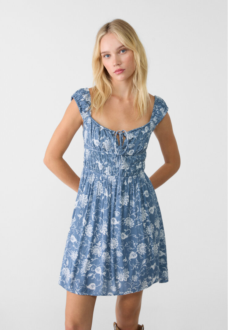 Stradivarius Rochie Scurtă Cu Elastice Și Imprimeu Azulina Xs