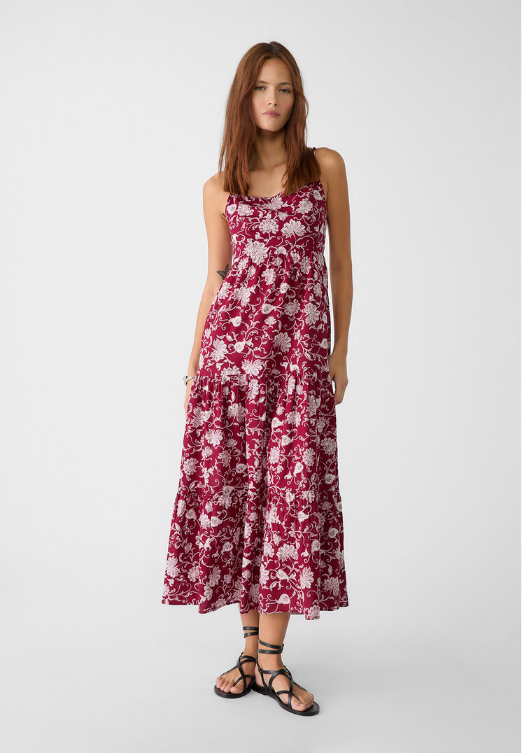 Stradivarius Rochie Midi Cu Bretele Și Imprimeu Grena S