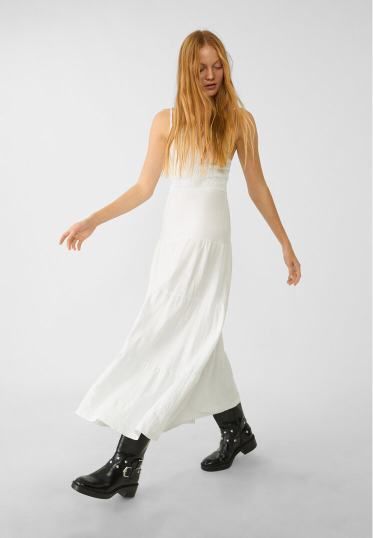Stradivarius Rochie Lungă Vaporoasă Cu Bretele Alb Xs