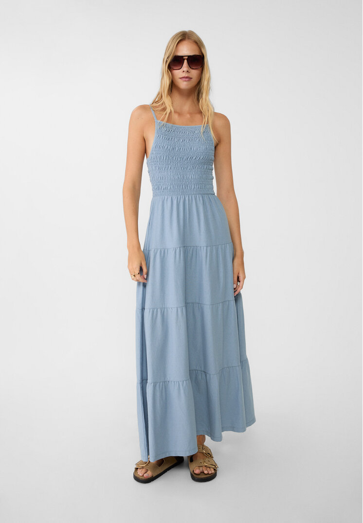 Stradivarius Rochie Lungă Vaporoasă Cu Bretele Azuriu Xs