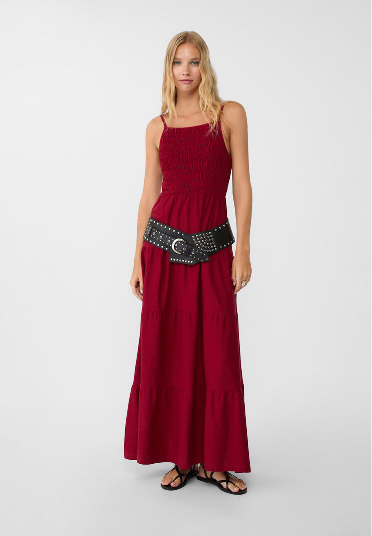 Stradivarius Rochie Lungă Vaporoasă Cu Bretele Roșu Închis M