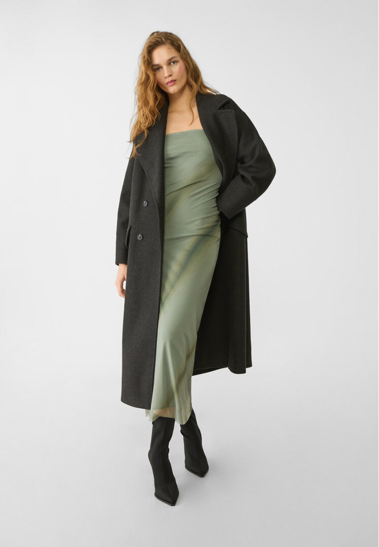 Stradivarius Printed strapless tulle dress  Khaki L