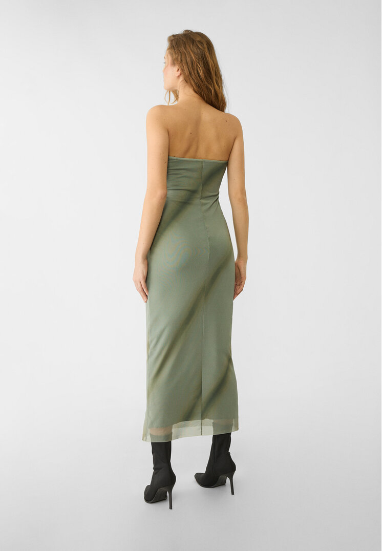 Stradivarius Printed strapless tulle dress  Khaki L