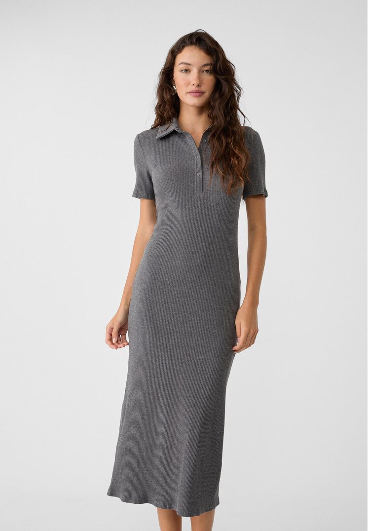 Stradivarius Rochie Midi Cu Guler Polo Gri M