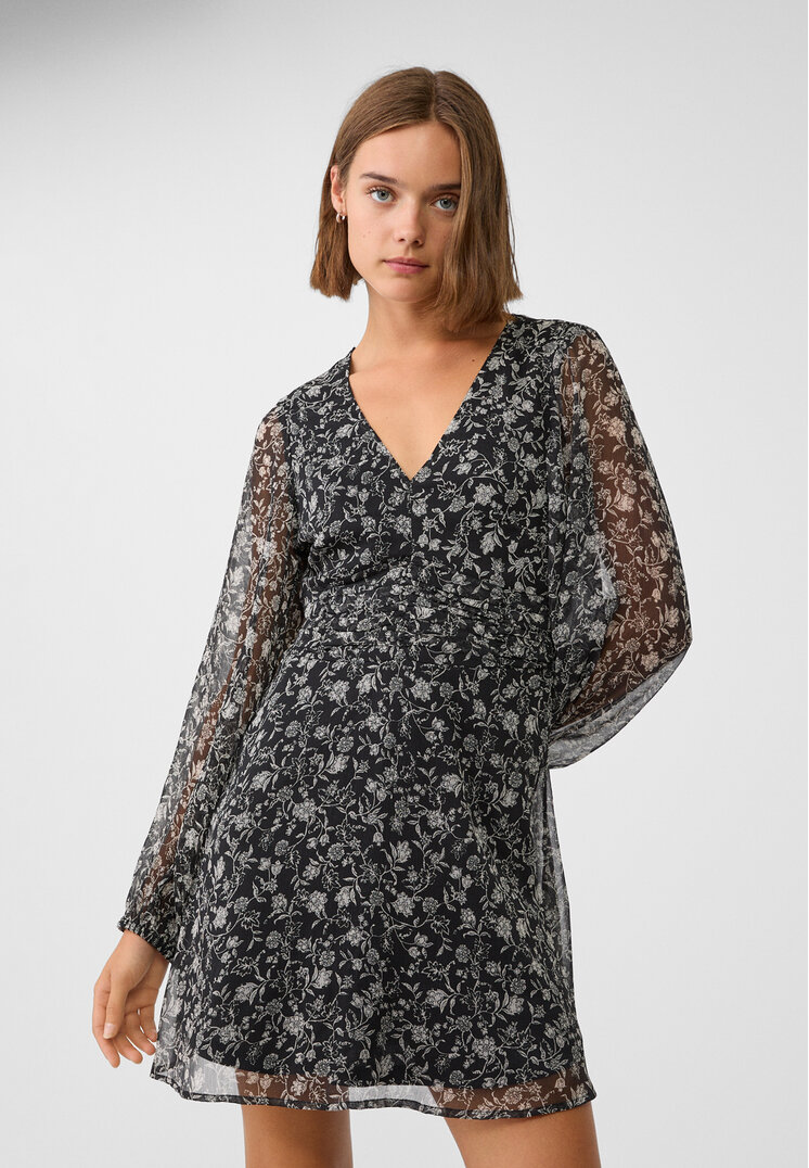 Stradivarius Rochie Scurtă Vaporoasă Cu Imprimeu Negru Xs