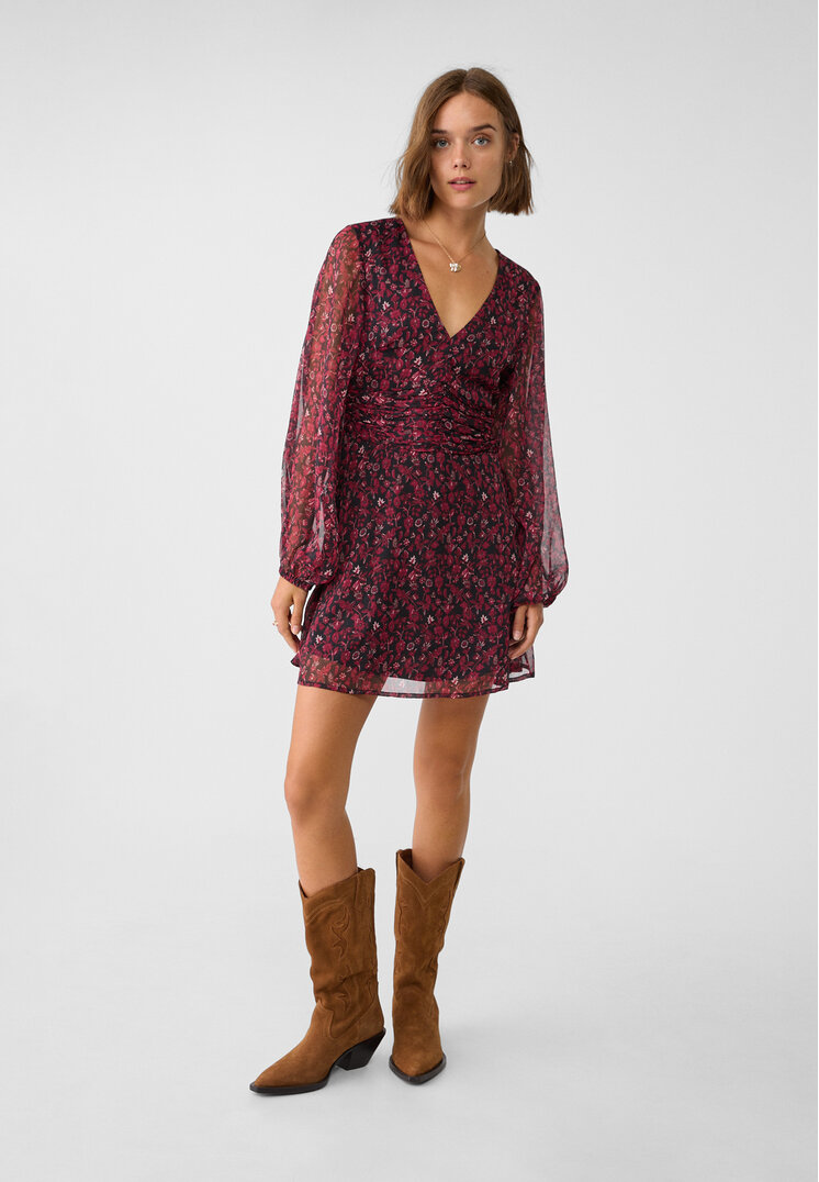 Stradivarius Rochie Scurtă Vaporoasă Cu Imprimeu Grena M