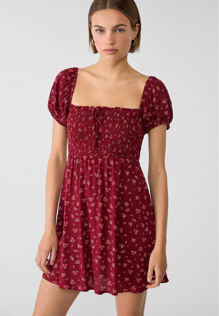 Stradivarius Rochie Scurtă Vaporoasă Cu Imprimeu Grena Xl
