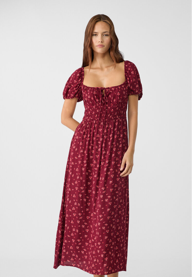 Stradivarius Rochie Midi Fluidă Cu Imprimeu Grena S