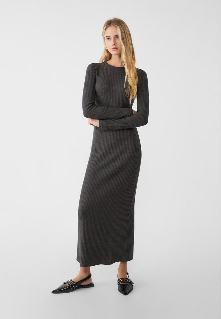 Stradivarius Rochie Midi Din Tricot Gri Închis M