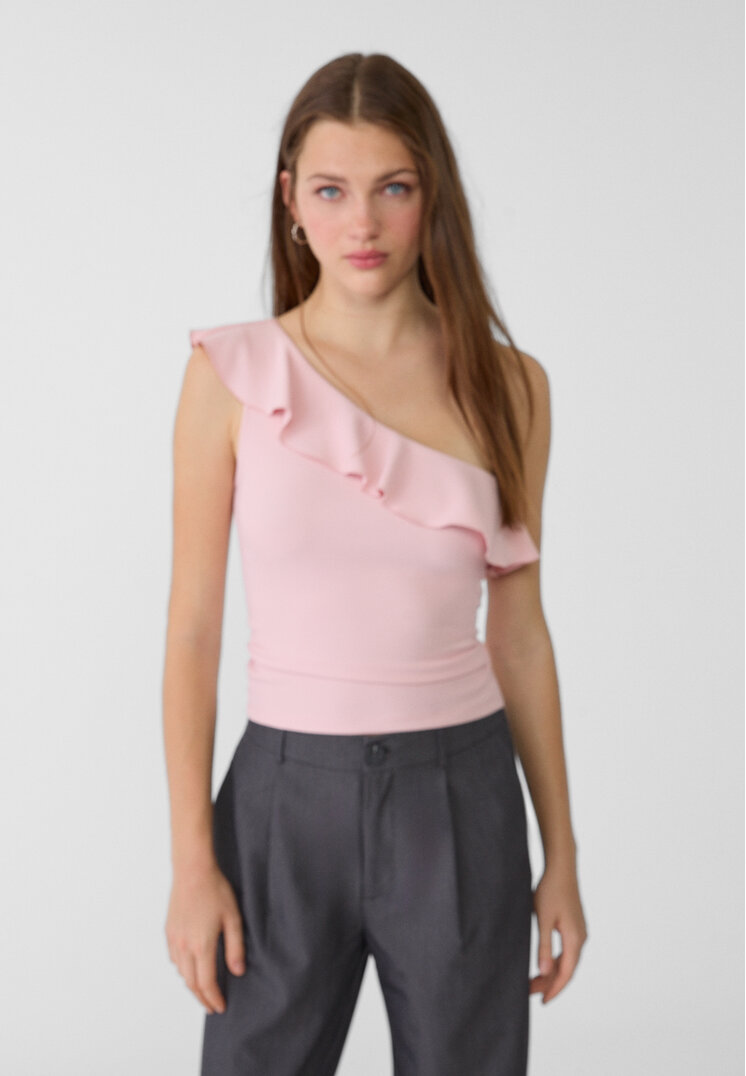 Stradivarius Tricou Asimetric Cu Volan Roz Pastel S